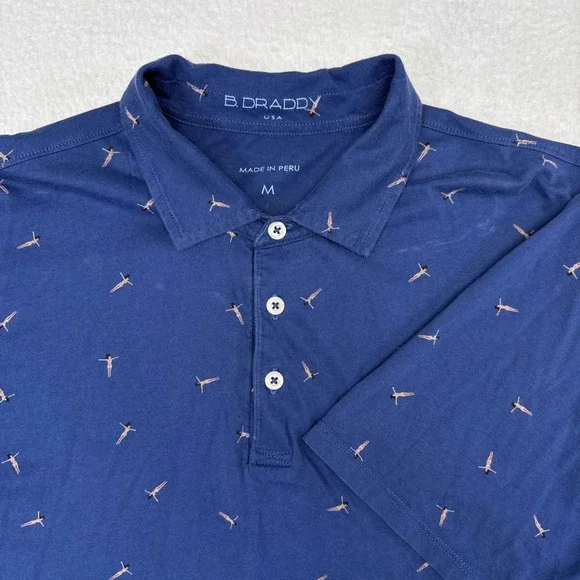 B Draddy Polo Shirt Mens Size Medium Blue Sunbathing Print Stretch Cotton Golf - Picture 1 of 10